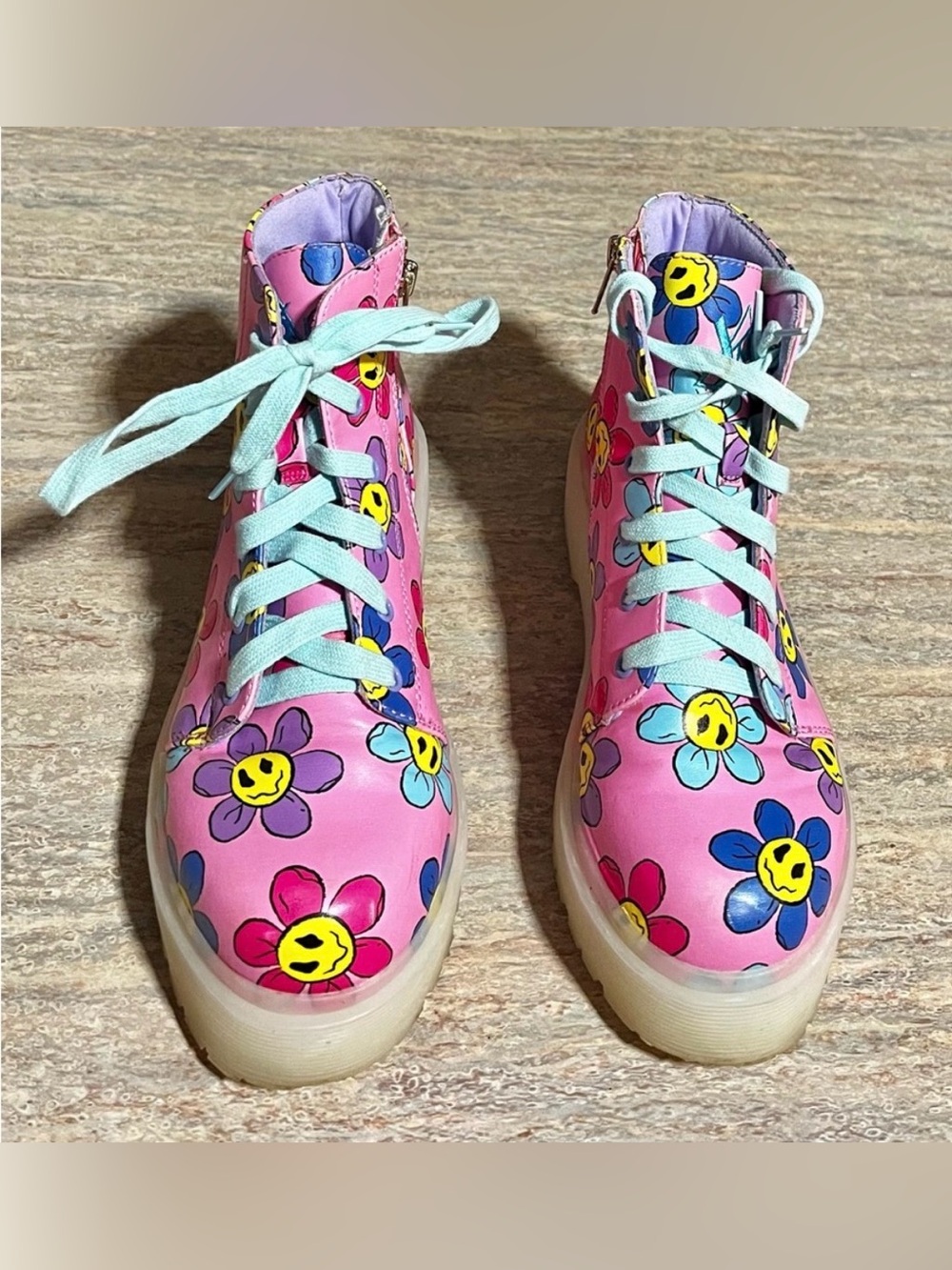 YRU SLAYR Pink floral Daisies Smiley themed ankle boots
